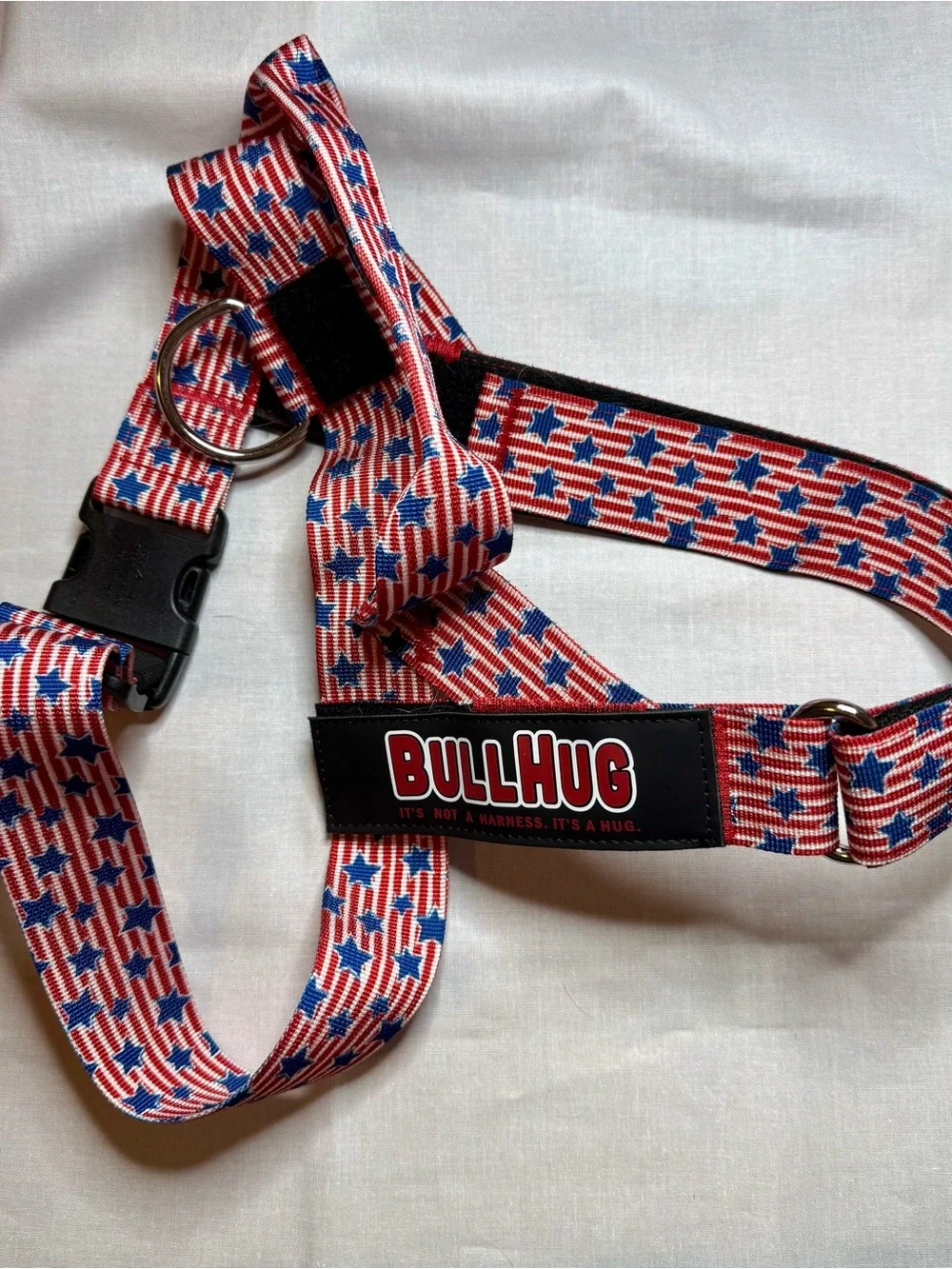BullHug- Red, White & Blue Star Dog Harness - Medium 24-29” adjustable/durable